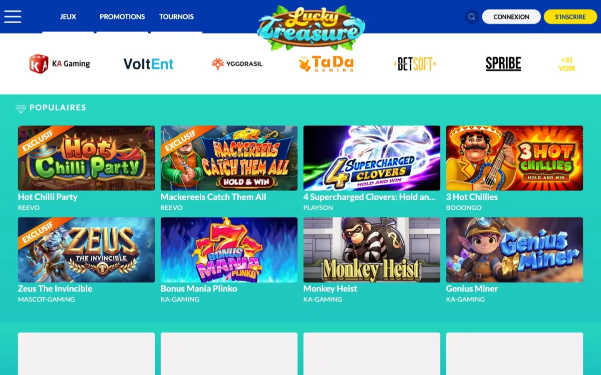Page d’accueil Lucky Treasure Casino — hero block FR avec Welcome Pack BIENVENUE200 200 % jusqu’à 500 € + 100 Tours Bonus sans wager, capture 24 juin 2026