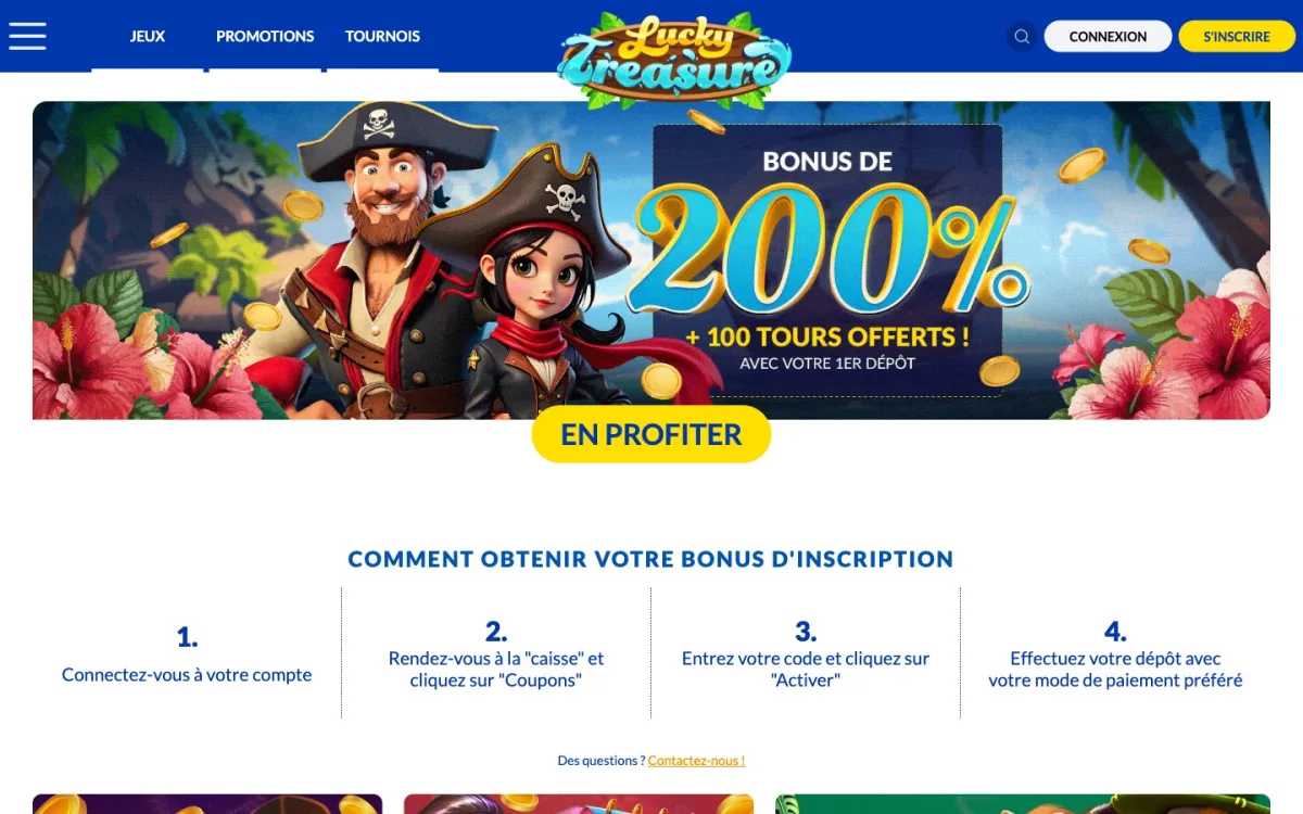 Page Promotions Lucky Treasure FR — BIENVENUE200, Cashback bienvenue 50 %, Tours gratuits quotidiens, Cashback hebdomadaire 15 %, capture 24 juin 2026
