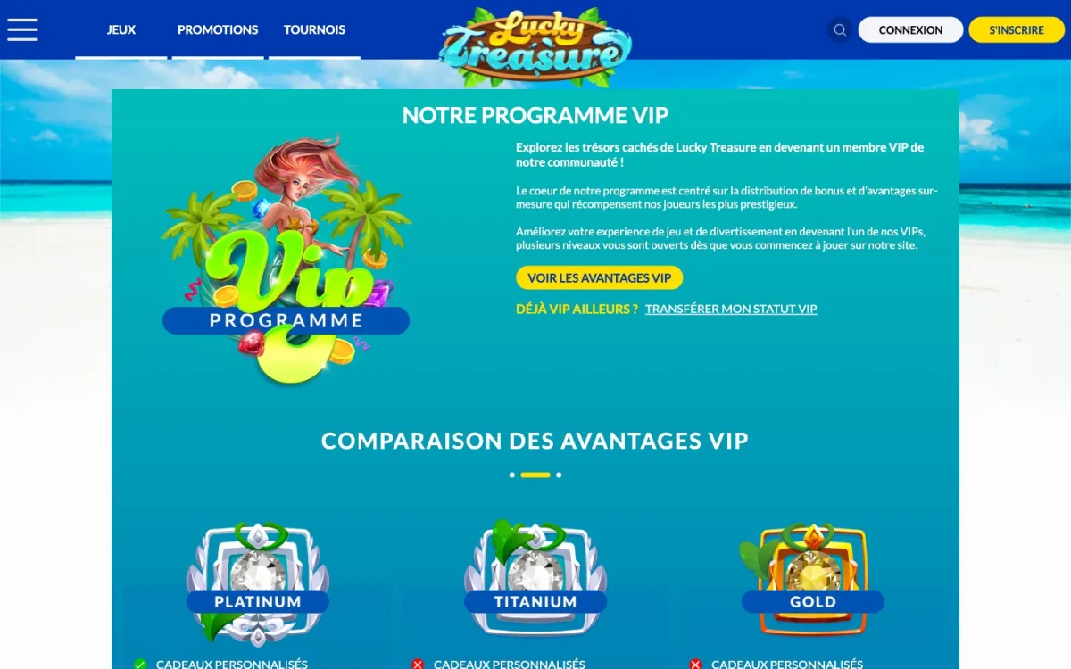 Page Programme VIP Lucky Treasure FR. 5 niveaux, plafond retrait 2-5 k€/sem, cashback hebdo 15 %, super spins jusqu’à 75, capture 24 juin 2026